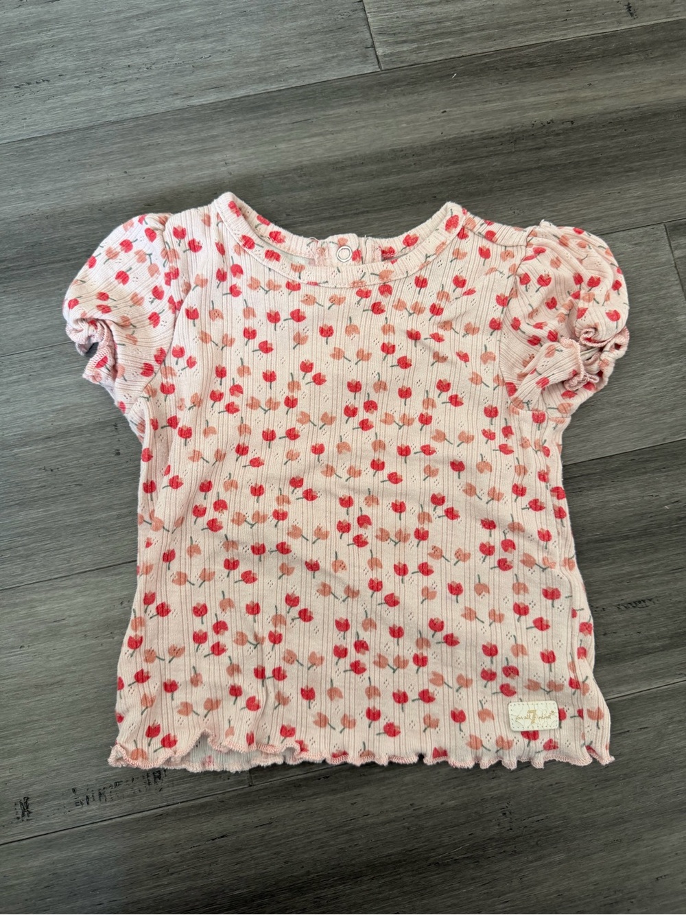 7 For All Mankind Pink Ribbed Puff-Sleeve Floral Tee